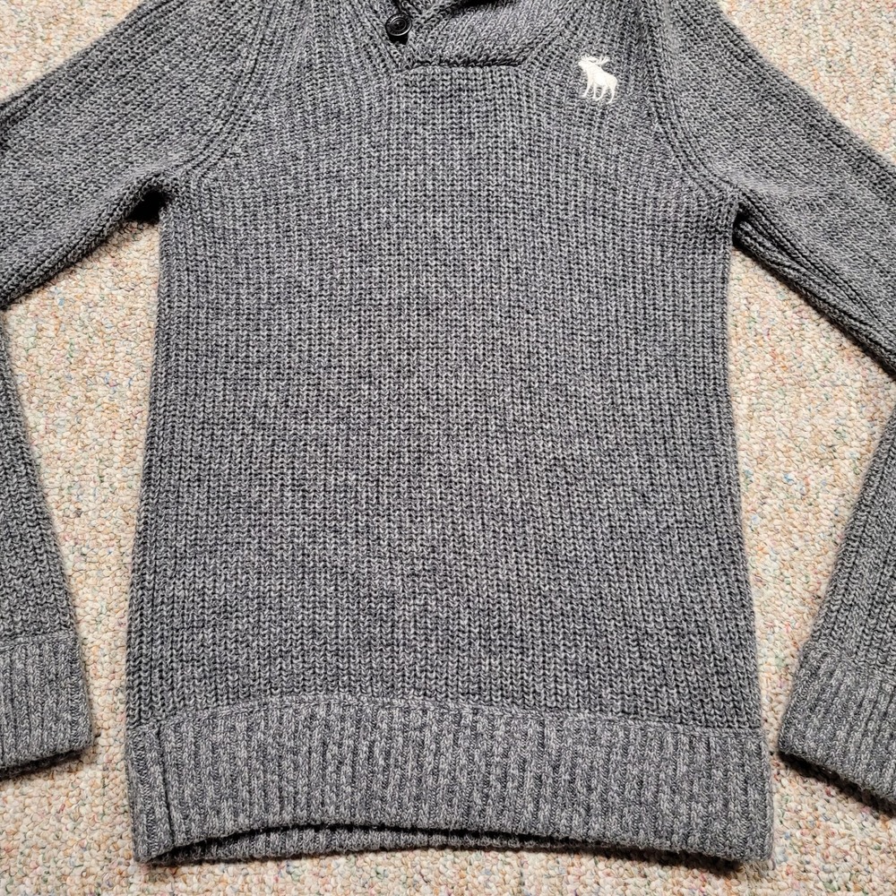 Abercrombie & Fitch Sweater Mens XL Gray Shawl Collar Fisherman Knit Moose Slim - Picture 4 of 15